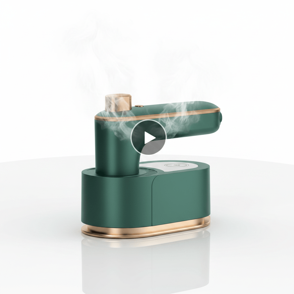 Portable mini steam iron dark green with gold trim on its base