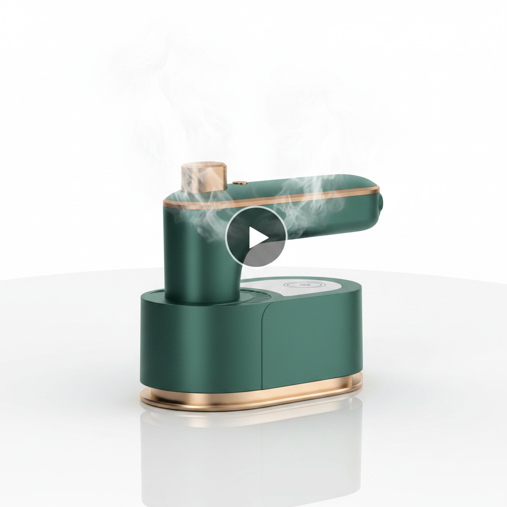 Portable mini steam iron dark green with gold trim on its base